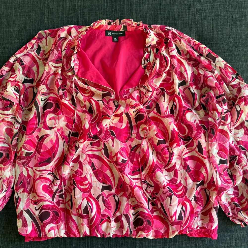 INC International Concepts Pink Ruched Ruffled 3/4 Sleeve Blouse